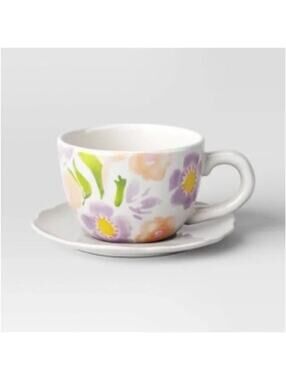 Threshold NWOT Stoneware Peek-a-Boo Bunny Floral Tea Cup and Saucer